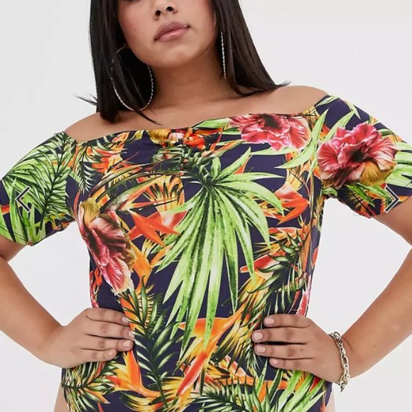off the shoulder Pink Clove bardot bodysuit in tropical print Size 18 - Picture 2 of 4